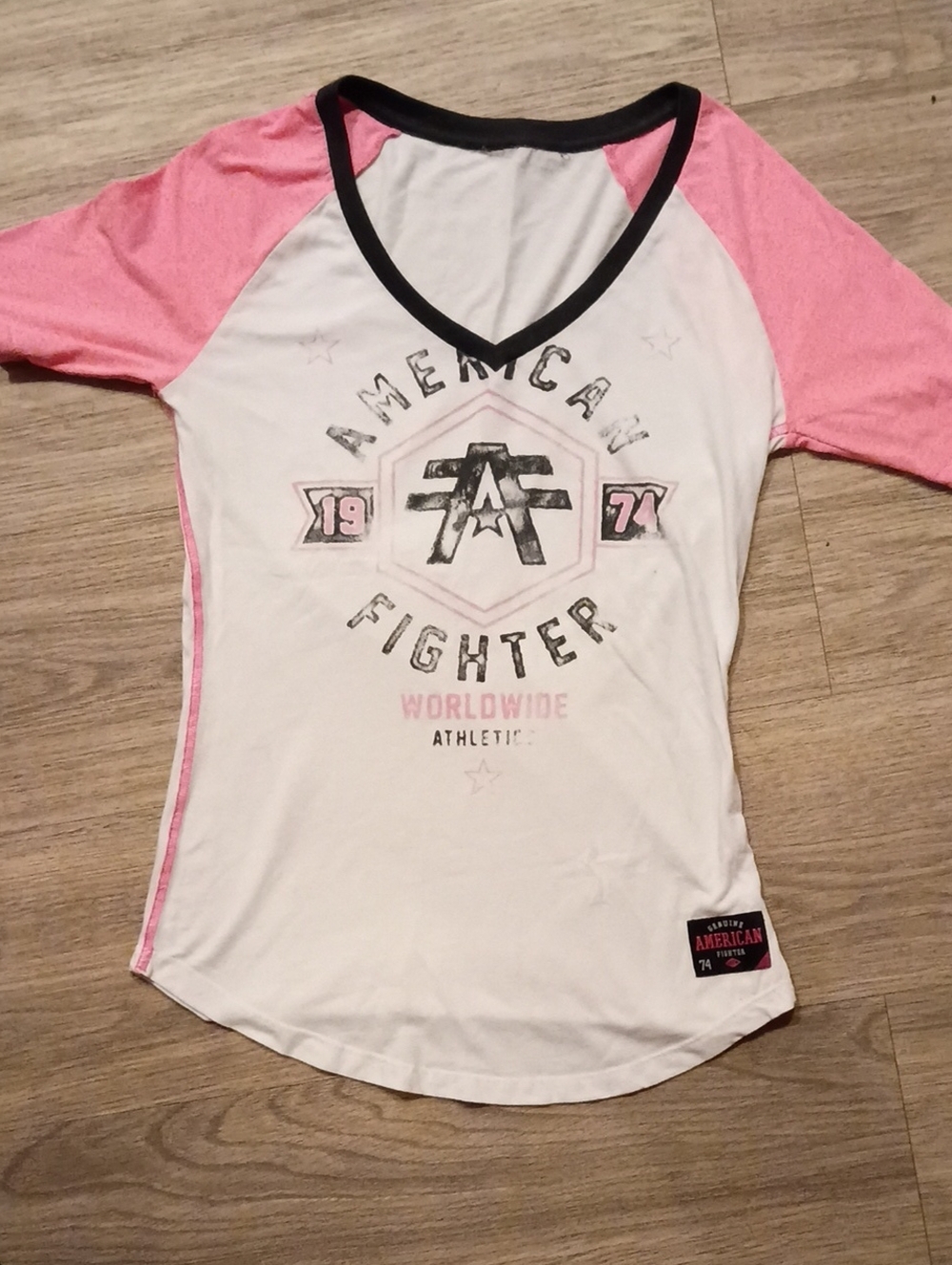 American Fighter Pink & White V‑Neck Raglan Tee with Black Trim